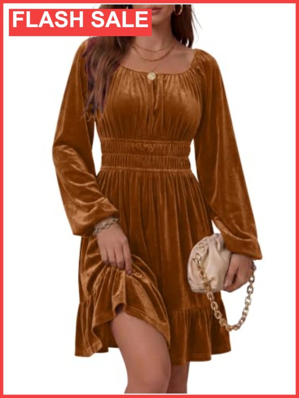 Women Velvet Mini Dress Long Lantern Sleeve Square Neck A-Line Formal